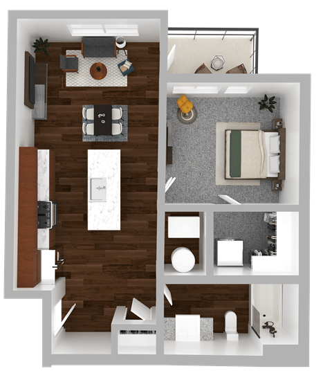Floor plan for 1 bed, 1 bath, 614 sqft