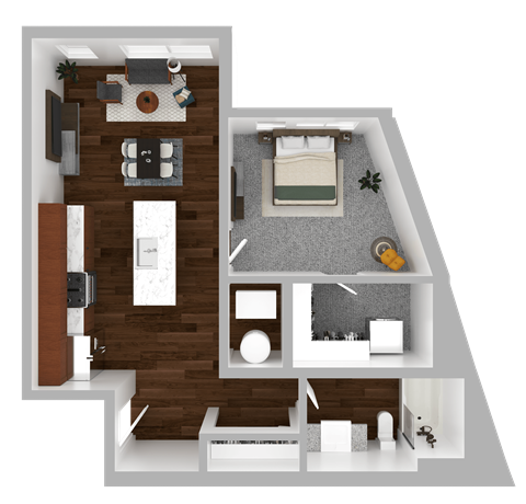 Floor plan for 1 bed, 1 bath, 637 sqft