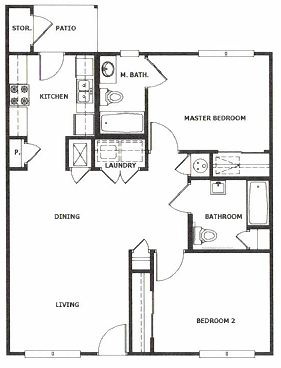 Floor plan for 2 beds, 2 baths, 942 sqft