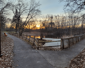 Ypsilanti apartment for rent - a path next to a pond with trees and a fence