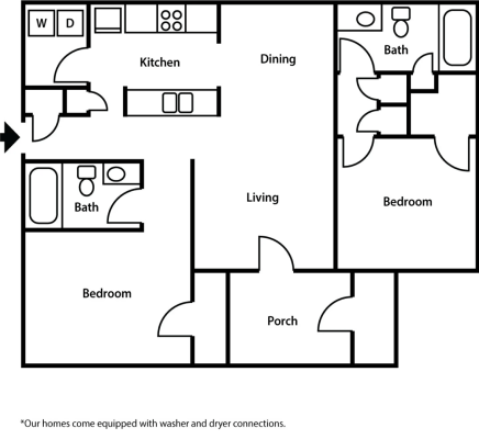 Floor plan for 2 beds, 2 baths, 1053 sqft