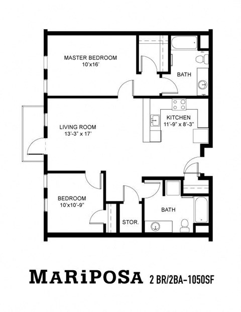 Floor plan for 2 beds, 2 baths, 1050 sqft
