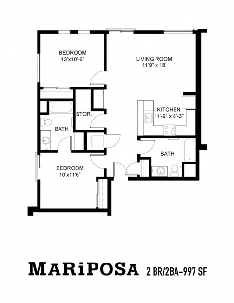 Floor plan for 2 beds, 2 baths, 1050 sqft