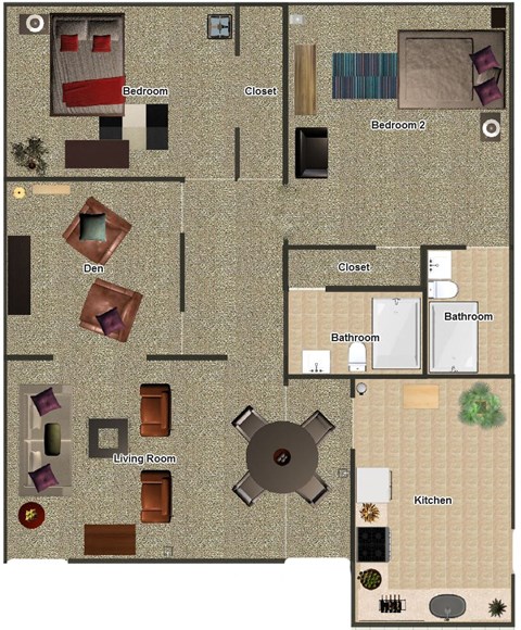 Floor plan for 2 beds, 2 baths, 1082 sqft