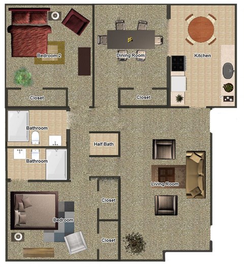 Floor plan for 2 beds, 2 baths, 1104 sqft