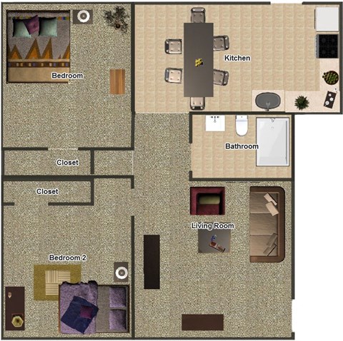 Floor plan for 2 beds, 1 bath, 785 sqft