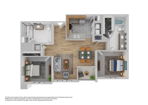 Floor plan for 2 beds, 2 baths, 1001 sqft