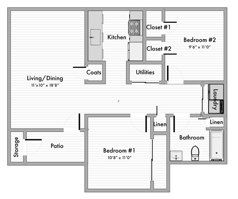 Floor plan for 2 beds, 1 bath, 800 sqft