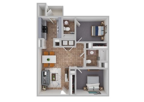 Floor plan for 2 beds, 1 bath, 942 sqft