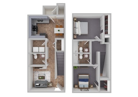 Floor plan for 2 beds, 2.5 baths, 1020 sqft