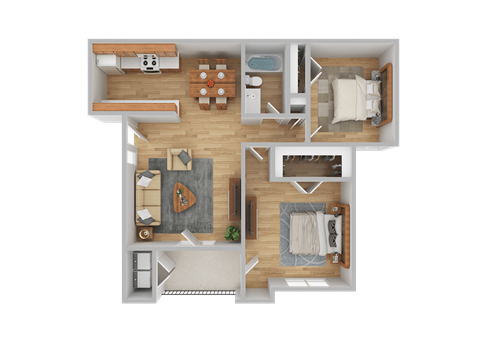 Floor plan for 2 beds, 1 bath, 981 sqft