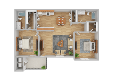 Floor plan for 2 beds, 2 baths, 1027 sqft