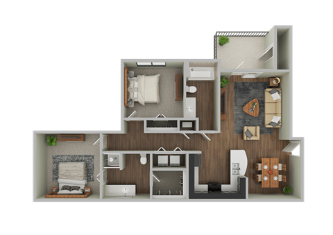 Floor plan for 2 beds, 2 baths, 1039 sqft