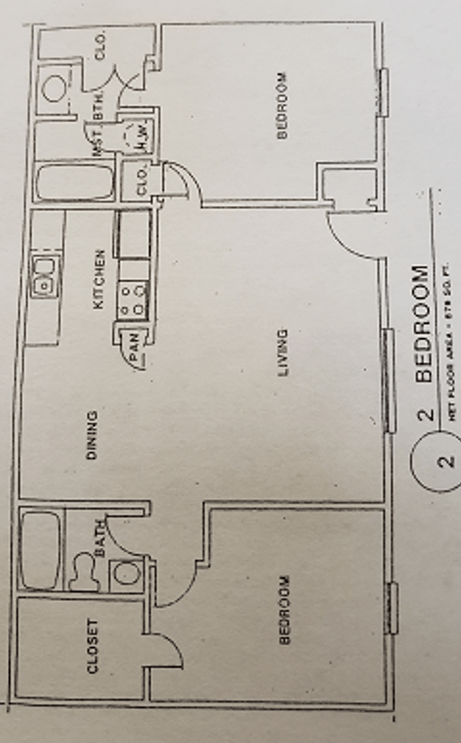 Floor plan for 2 beds, 2 baths, 1042 sqft