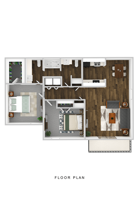 Floor plan for 2 beds, 1.5 baths, 950 sqft