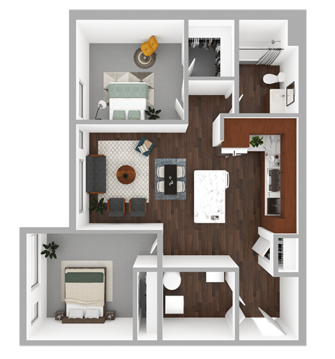 Floor plan for 2 beds, 1 bath, 833 sqft