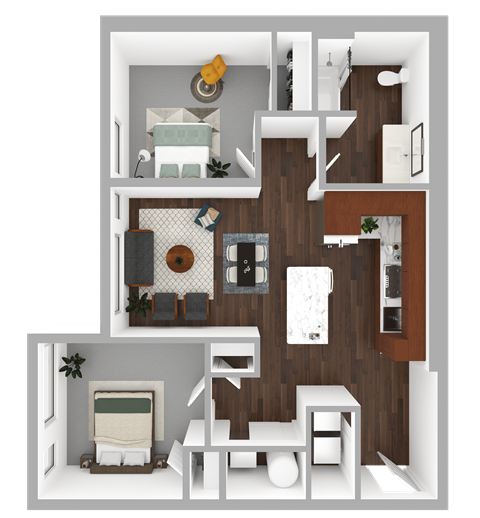 Floor plan for 2 beds, 1 bath, 841 sqft