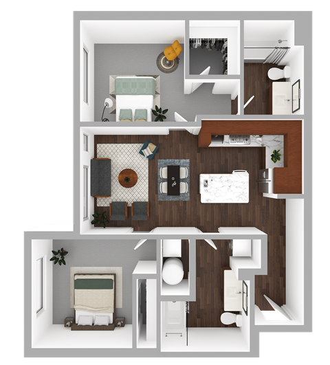 Floor plan for 2 beds, 2 baths, 835 sqft