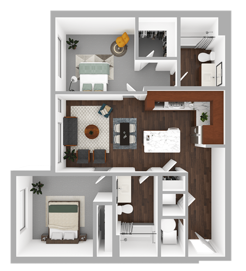 Floor plan for 2 beds, 2 baths, 835 sqft