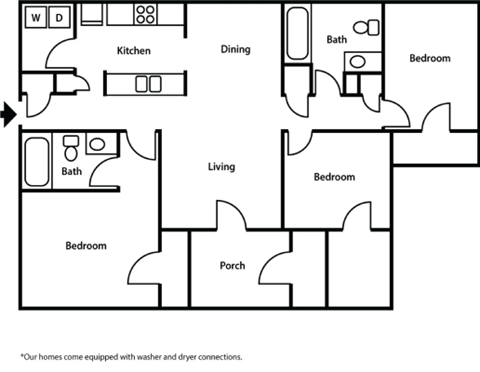Floor plan for 3 beds, 2 baths, 1255 sqft