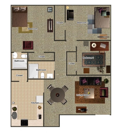 Floor plan for 3 beds, 2 baths, 1082 sqft