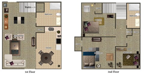 Floor plan for 3 beds, 2 baths, 1205 sqft
