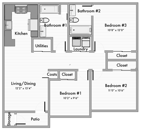 Floor plan for 3 beds, 2 baths, 1000 sqft