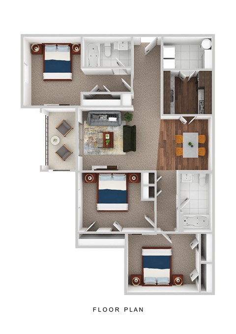 Floor plan for 3 beds, 2 baths, 1076 sqft