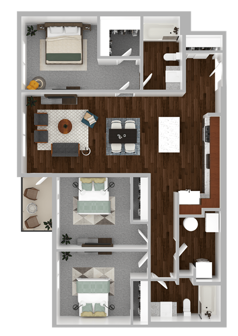 Floor plan for 3 beds, 2 baths, 1105 sqft