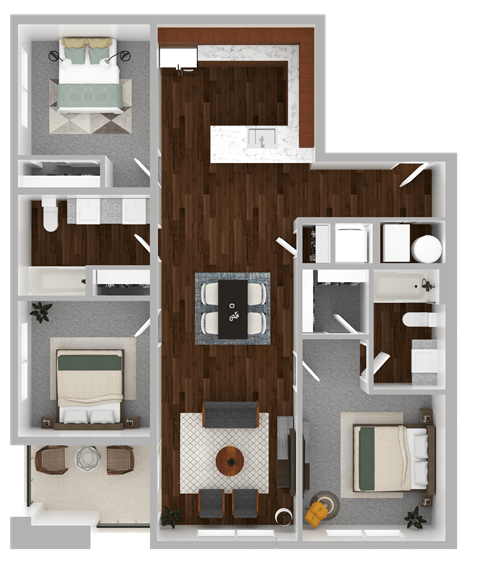 Floor plan for 3 beds, 2 baths, 1162 sqft