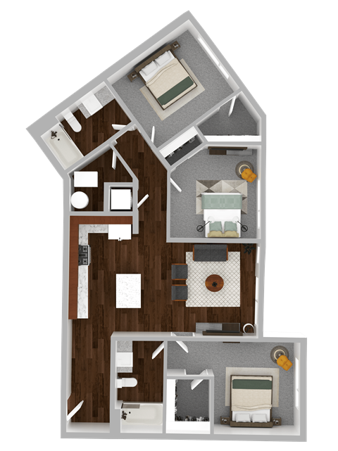 Floor plan for 3 beds, 2 baths, 1107 sqft