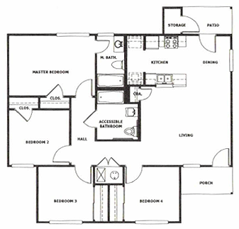 Floor plan for 4 beds, 2 baths, 1295 sqft