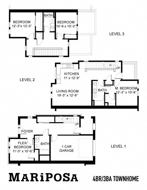 Floor plan for 4 beds, 3 baths, 1025 sqft