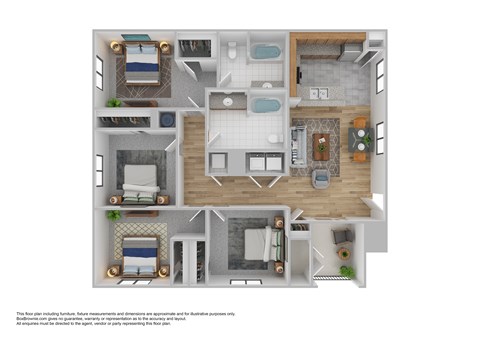Floor plan for 4 beds, 2 baths, 1275 sqft