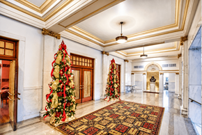 Little Rock apartment for rent - A Christmas tree is decorated with red and green ribbons and bows.
