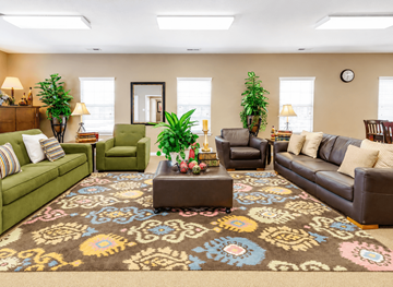 Ashland townhouse for rent - A living room with a patterned rug and a green couch.