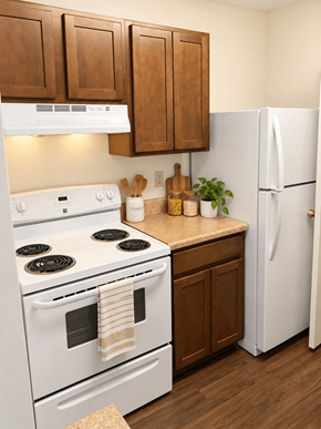 Richmond apartment for rent - A white stove and oven with a white refrigerator in a kitchen.