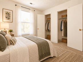 Richmond apartment for rent - A bedroom with a large bed and a closet with clothes hanging.