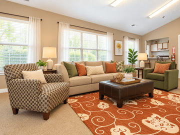 Richmond apartment for rent - A living room with a patterned chair and a couch with throw pillows.