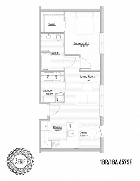 Floor plan for 1 bed, 1 bath, 657 sqft