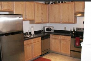 St. Louis apartment for rent - a kitchen with stainless steel appliances and wooden cabinets