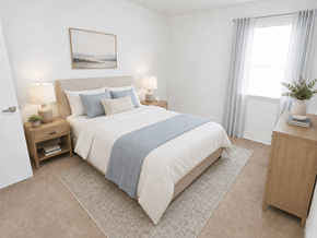 Hampton apartment for rent - A bedroom with a bed, nightstand, and a painting on the wall.