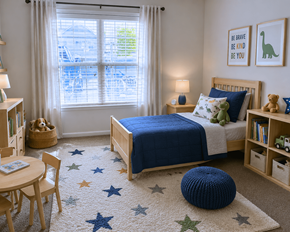 St. Louis townhouse for rent - A bedroom with a bed, a chair, a table, a window with curtains, and a rug with stars on it.