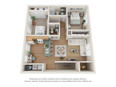 Floor plan for 2 beds, 1.5 baths, 975 sqft