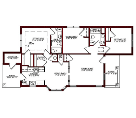 Floor plan for 3 beds, 2 baths, 1192 sqft