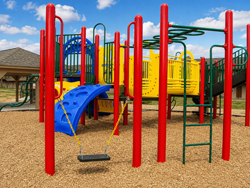 Bartlesville apartment for rent - A playground with a blue slide and red and yellow play equipment.