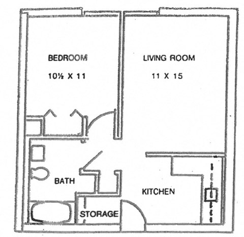 Floor plan for 1 bed, 1 bath, 550 sqft