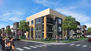 Denver apartment for rent - a rendering of an apartment building with people crossing the street