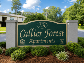 Rome apartment for rent - A sign for Callier Forest Apartments is displayed in front of a building.