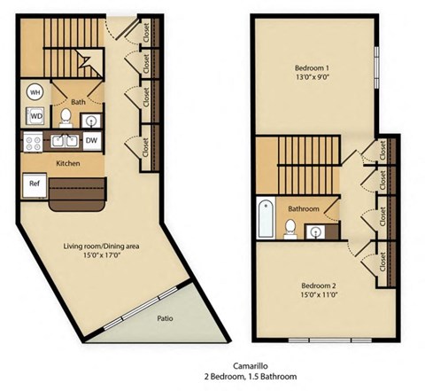 Floor plan for 2 beds, 1.5 baths, 1013 sqft